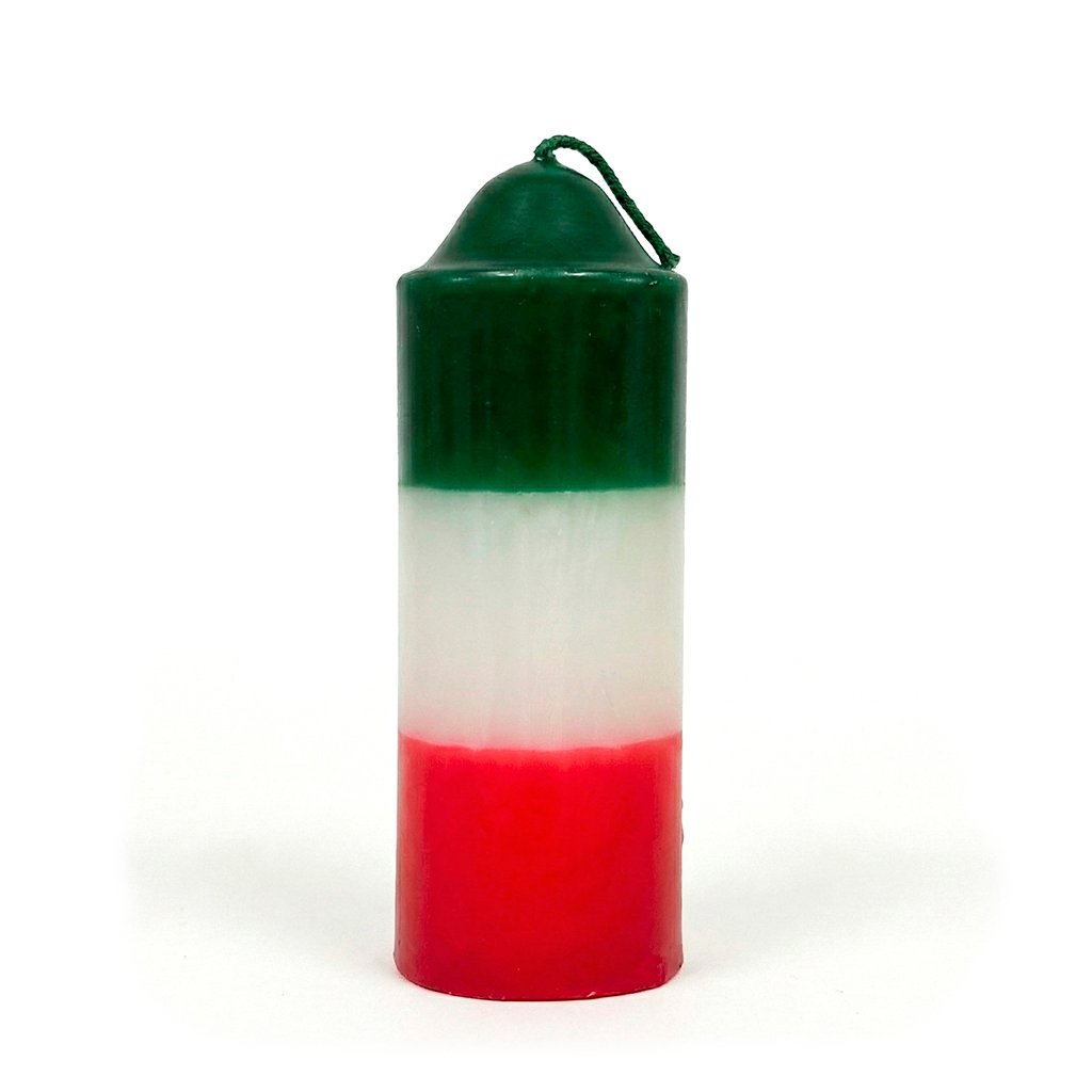 Velón pilar mediano Verde, blanco y rojo de 4x10cm combinado